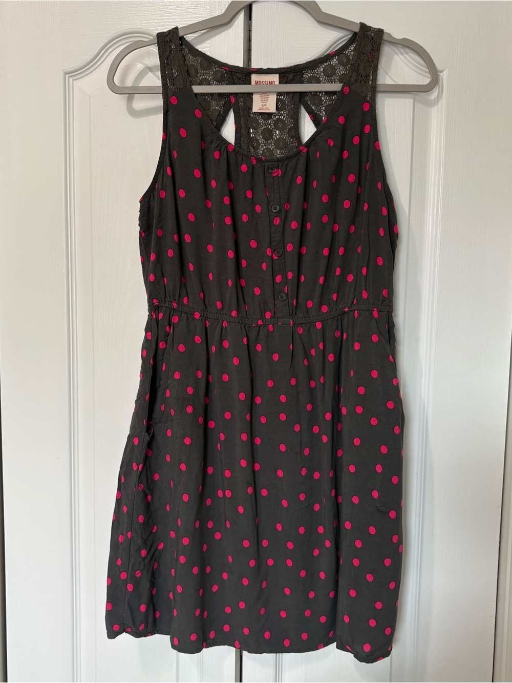 Mossimo Supply Co. Gray Dress with Pink Polka Dots and Lace Back Women’s size L